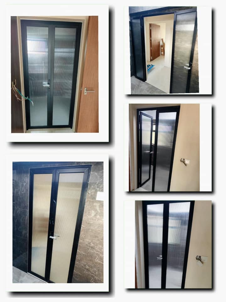 A collage of five interior portfolio photos showing newly installed bifold black aluminium fluted glass doors in various residential doorways, featuring sleek dark frames and textured ribbed glass that beautifully diffuses light.